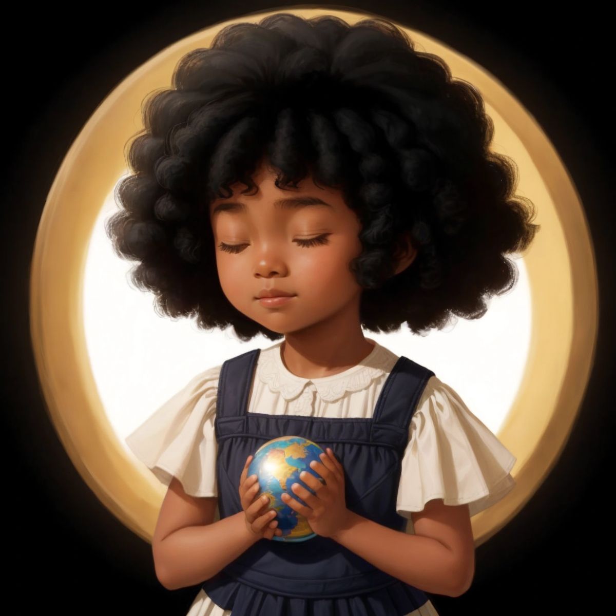Zariah holding a small globe in her hands, eyes closed, with a hopeful expression as she prays for peace.