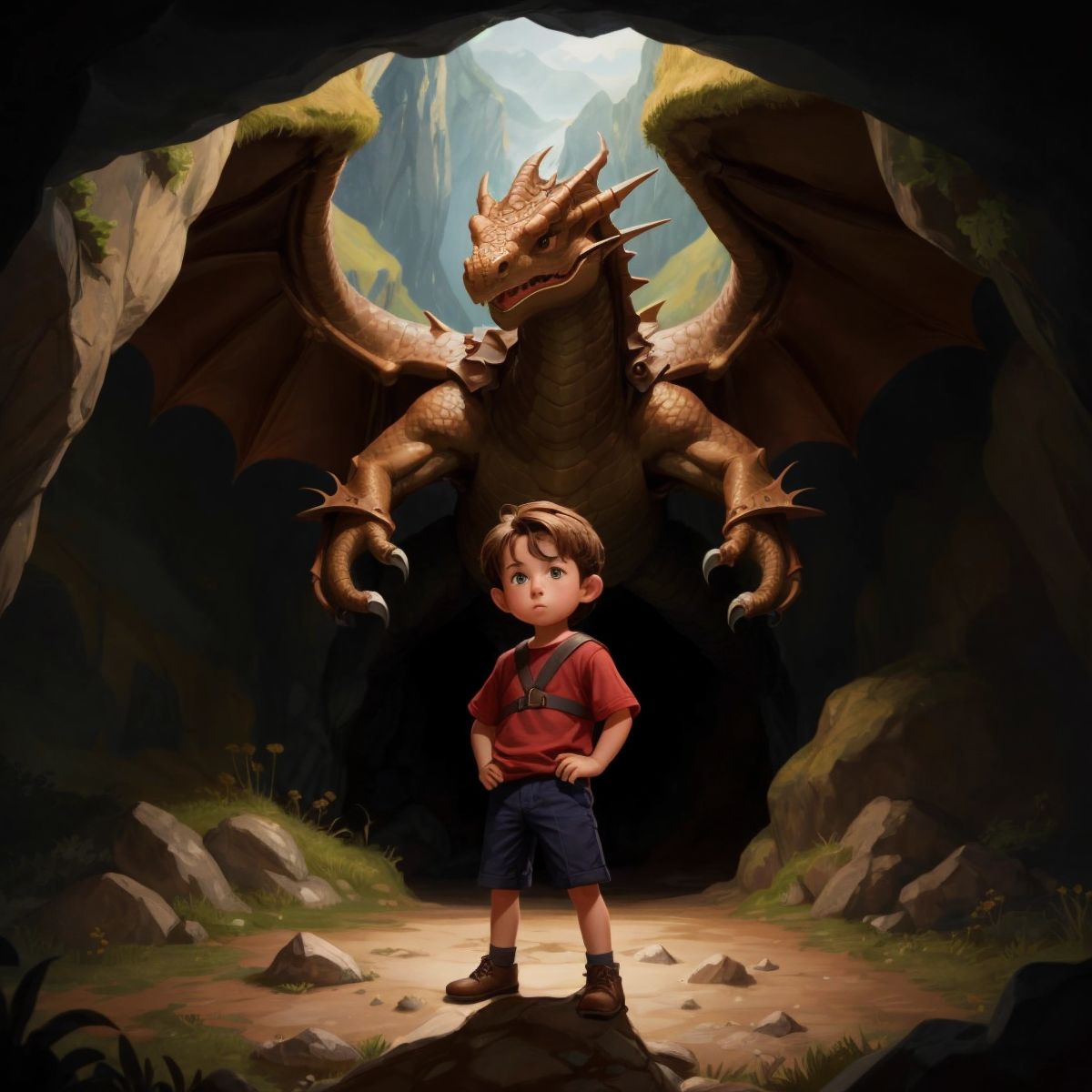 Alex standing bravely in front of a cavern guarded by a fearsome dragon.