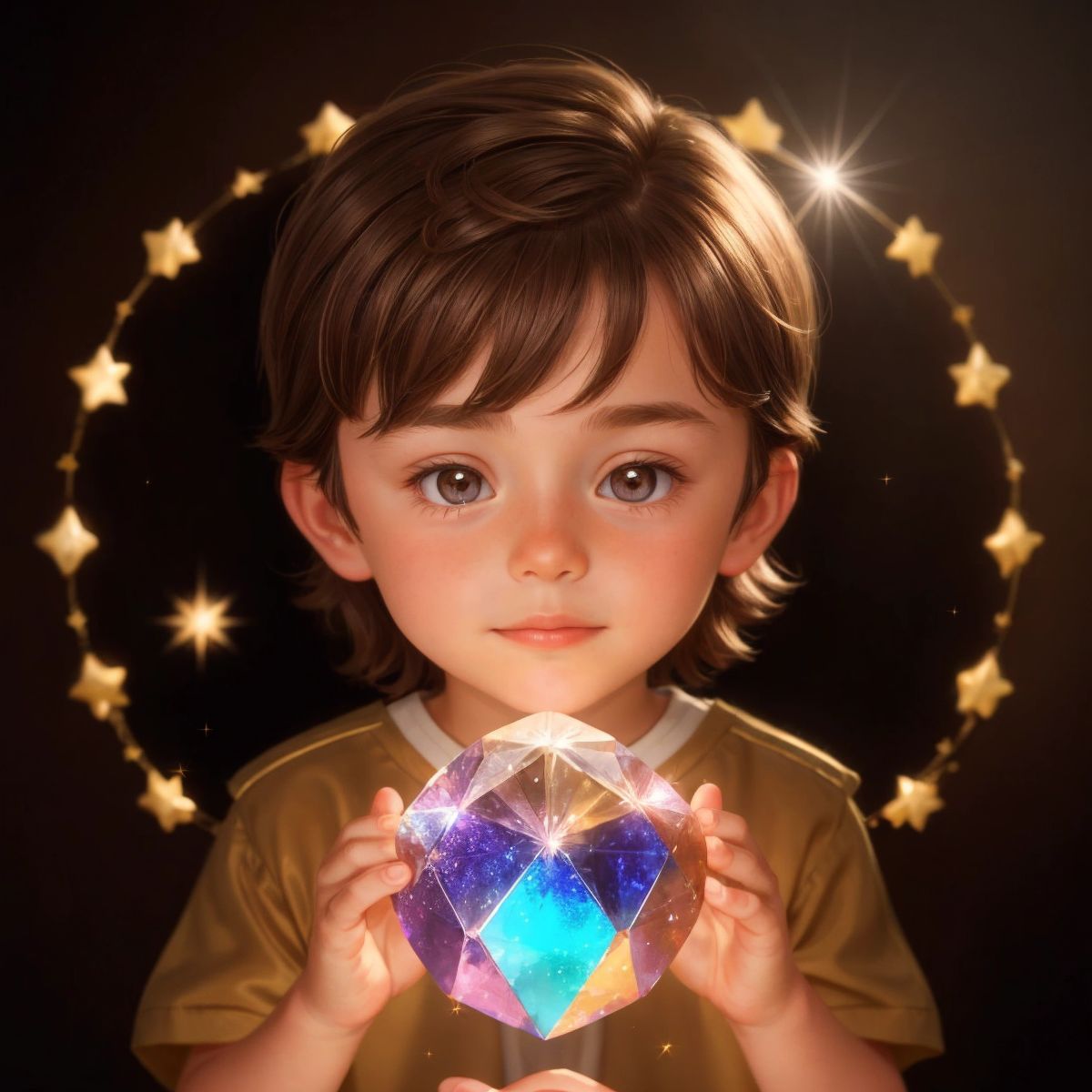 Alex holding a shimmering crystal, with a soft glow reflecting his face filled with gratitude.