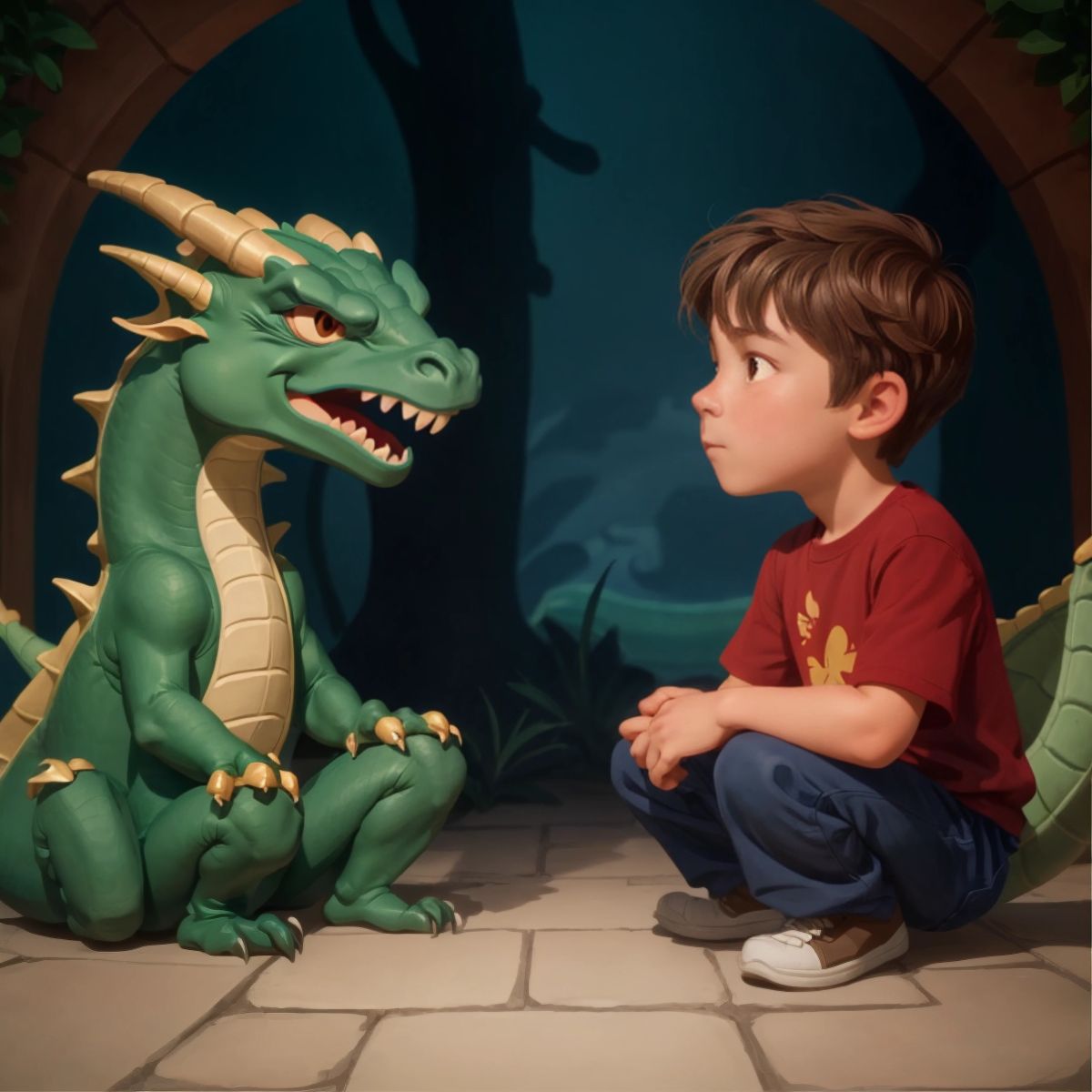 The dragon showing a kind expression as it converses with Alex.