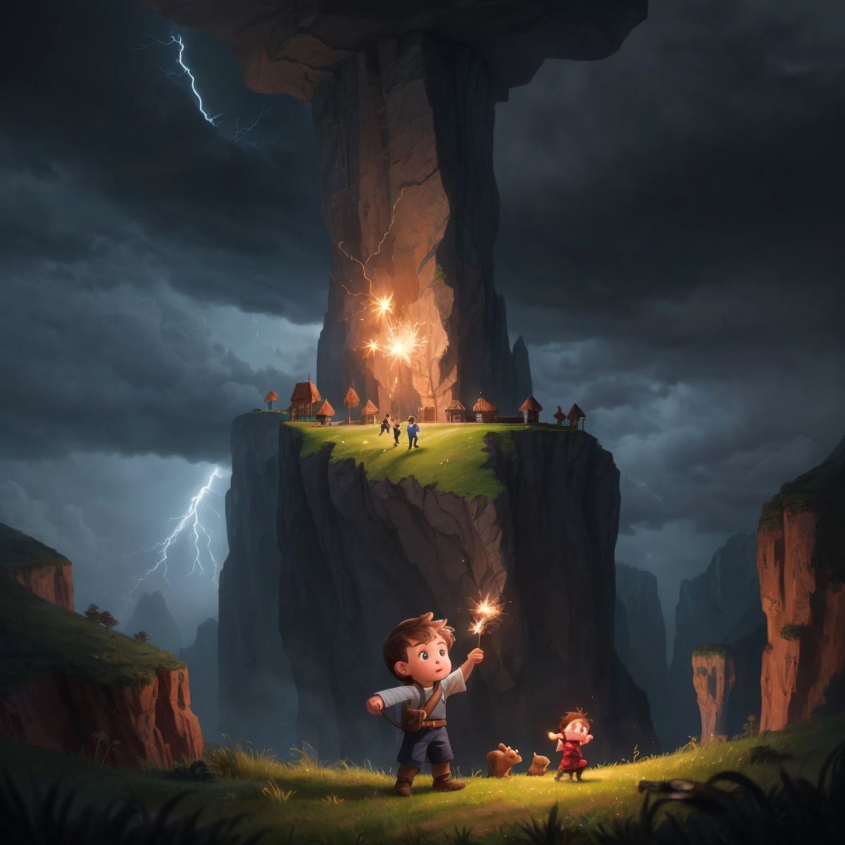 Alex and Spark helping creatures in distress during a stormy night near a towering cliff.