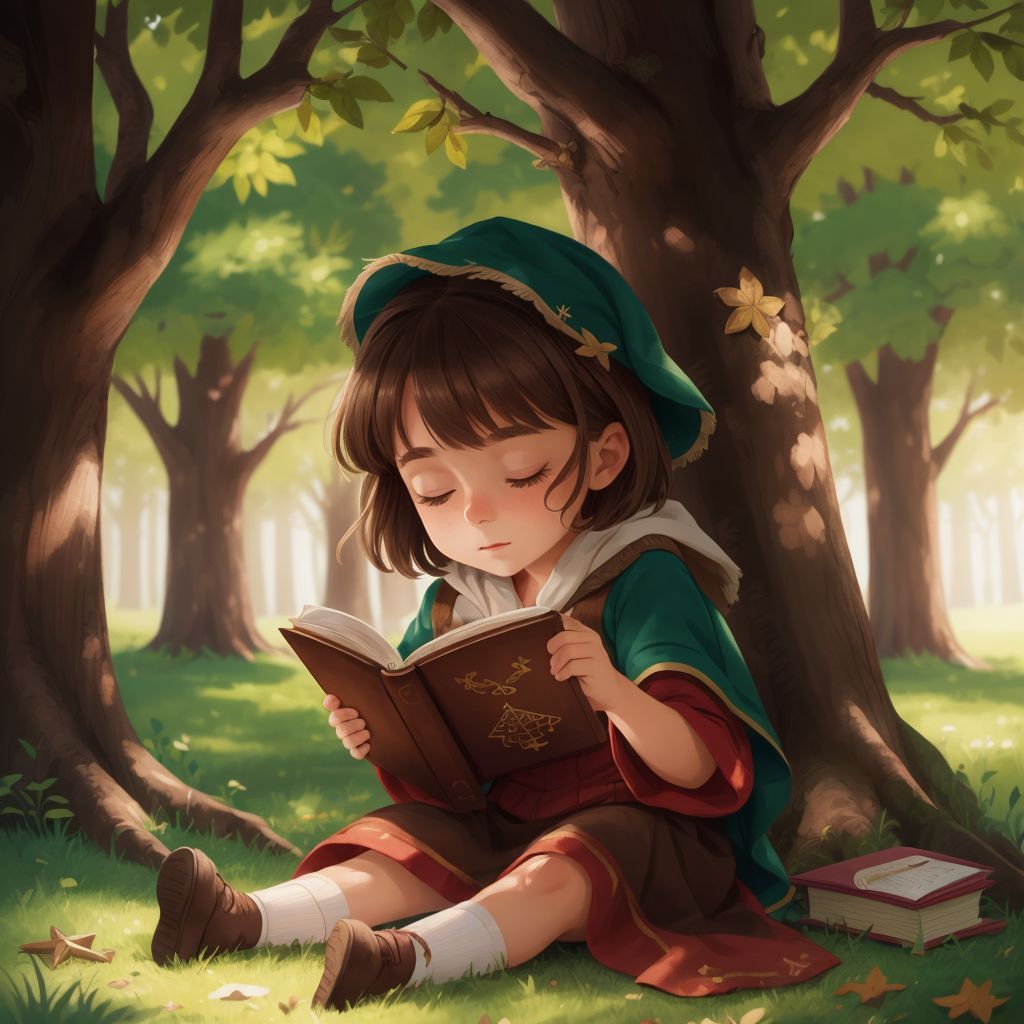 Ann outdoors, reading her magical book under a tree, practicing spells with a confident look