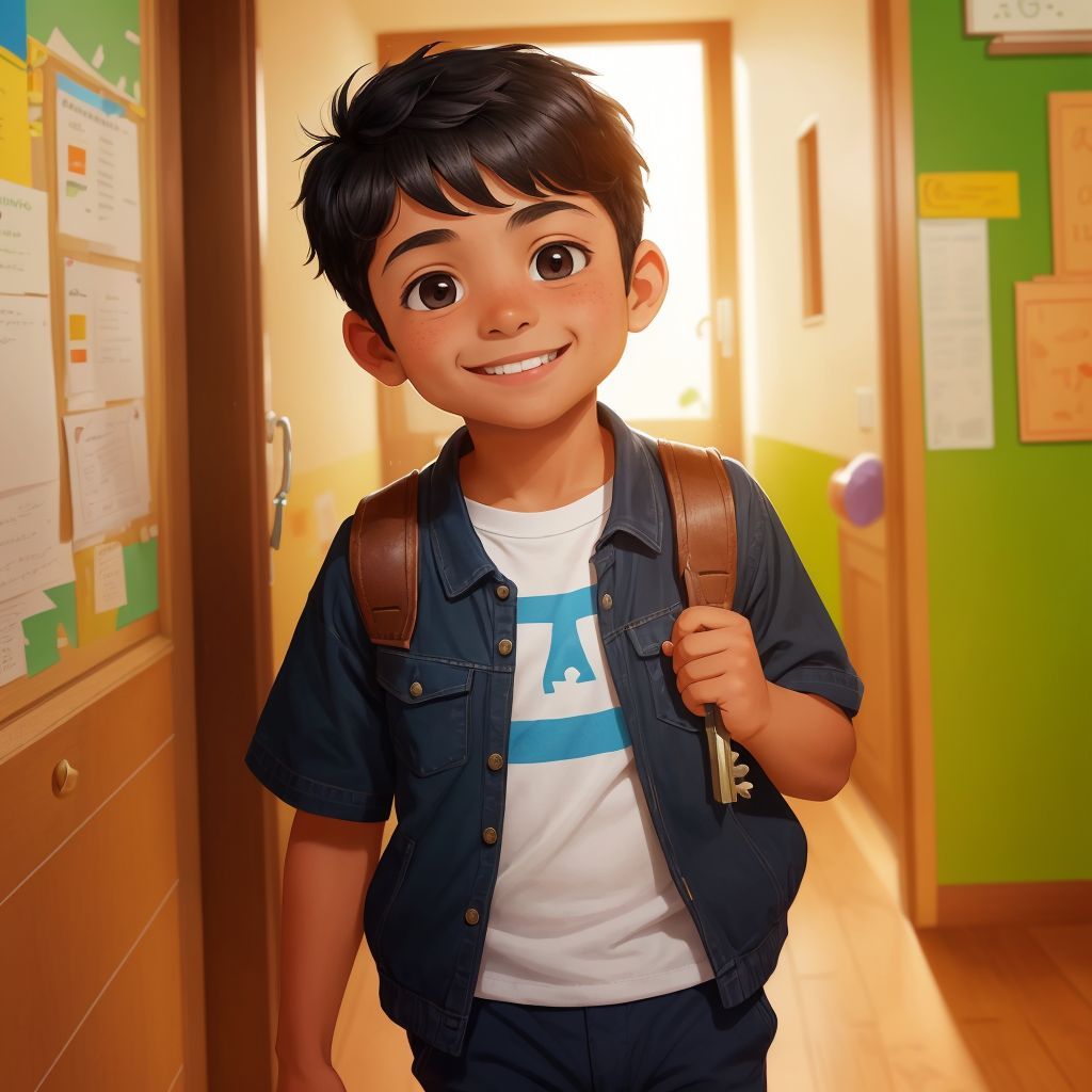 Yael walking into his new 5th-grade classroom, holding the key, with a confident and hopeful smile.