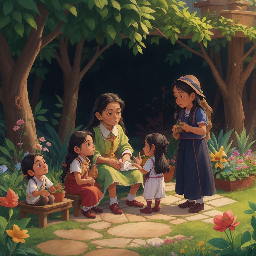 An elderly woman, the keeper of the garden, speaking to Jaleyni and other children about the responsibilities of the garden.