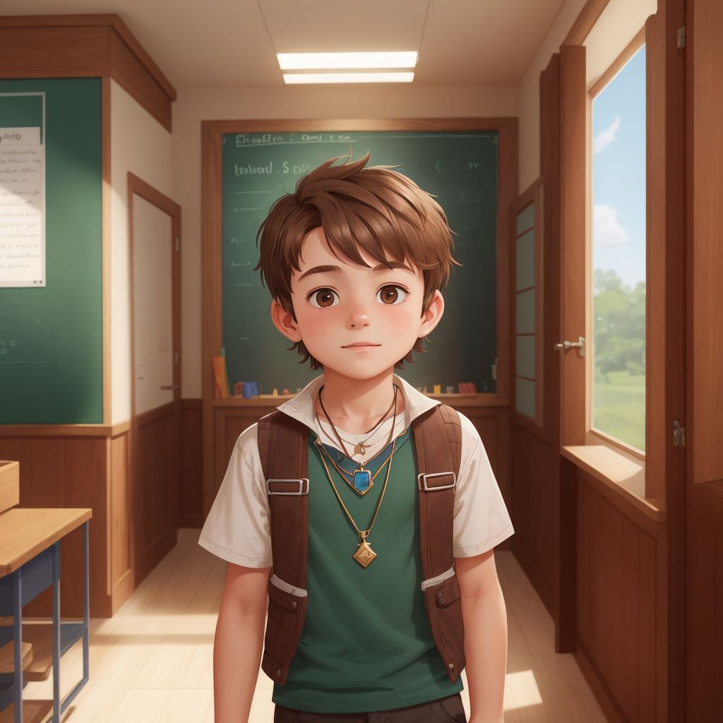 Anthony entering his new 5th grade classroom, confidently wearing Ember's pendant and making new friends