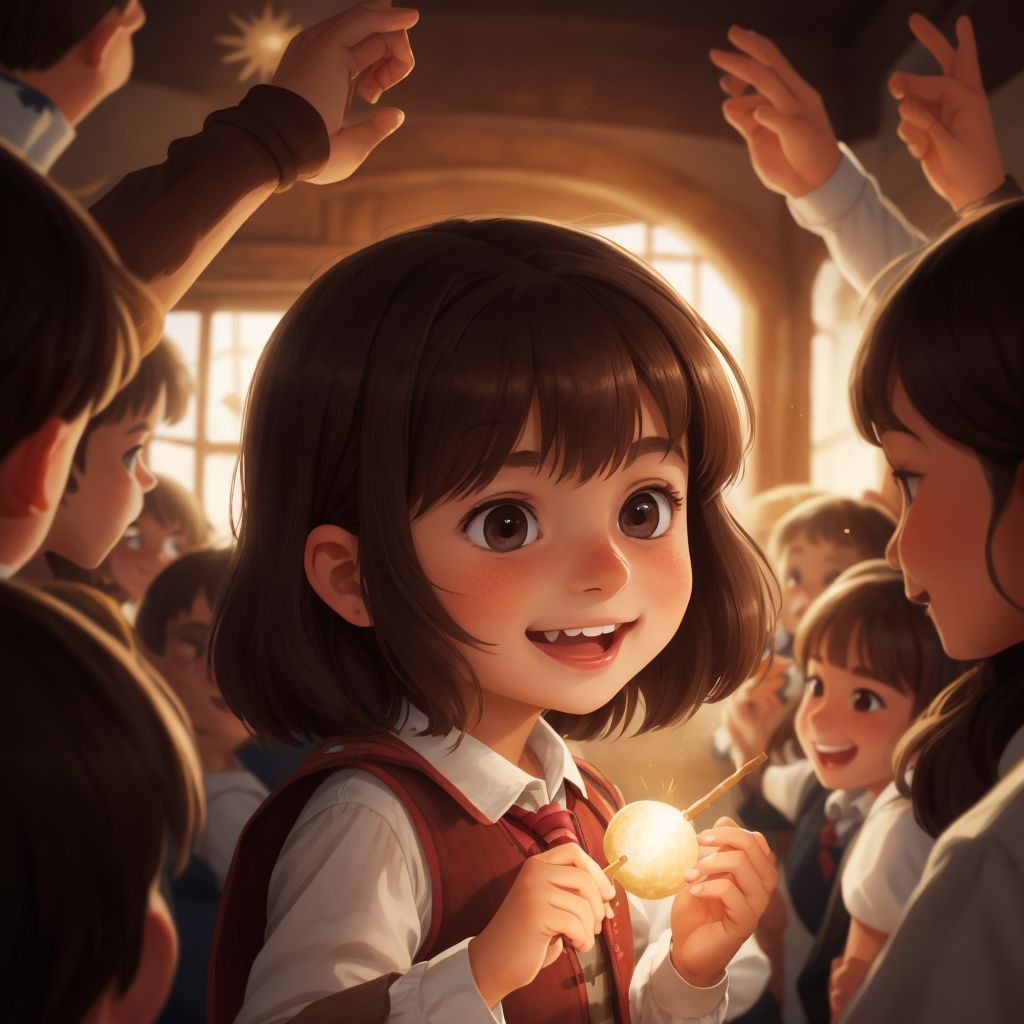 Ann casting a spell among her classmates, creating a joyful atmosphere, with a smile of fulfillment