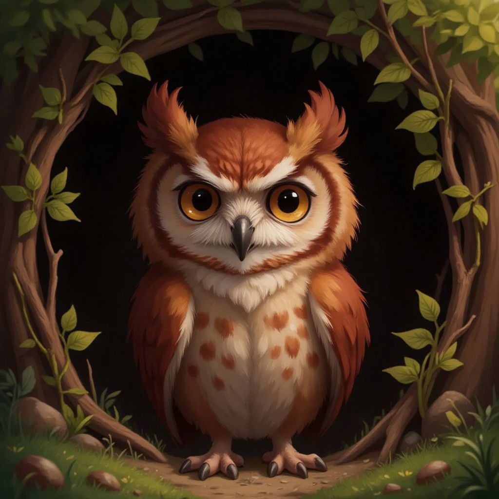 Sam the bird with his reddish-brown feathers, peering intelligently into a vine-covered cave entrance. retaining owl's face.