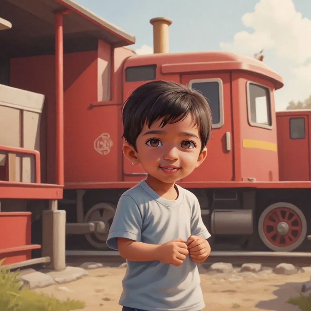 Arjun standing excitedly beside a big red train at the station