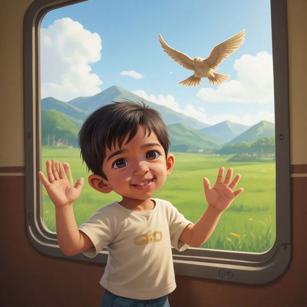Arjun waving joyfully at birds from a train window, with green fields and mountains in the background
