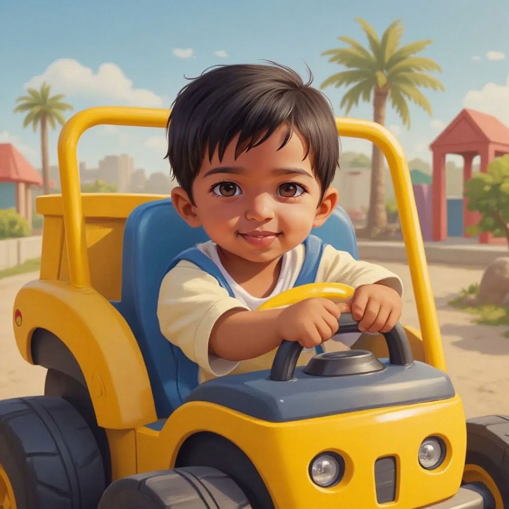 Arjun sitting in the driver's seat of a yellow monster truck, with a playground in the background