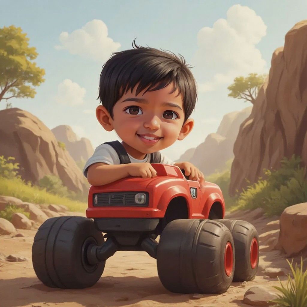Arjun giggling and holding onto the wheel of a monster truck on a rocky path
