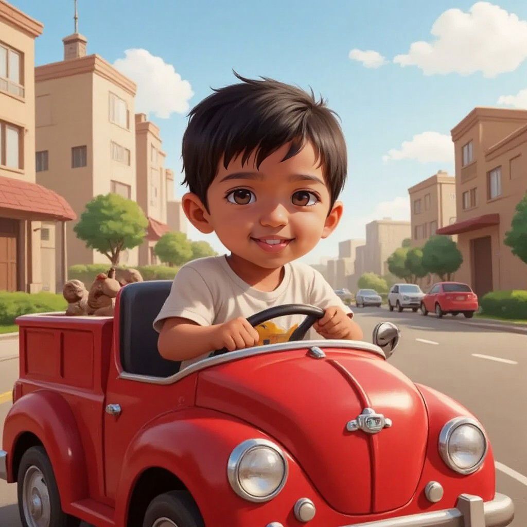 Arjun aboard a shiny red fire truck with a cheerful expression, driving through a town