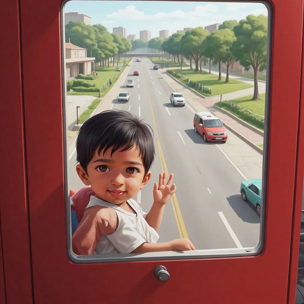 Arjun waving from a fire truck as it passes busy streets, with a park visible in the background