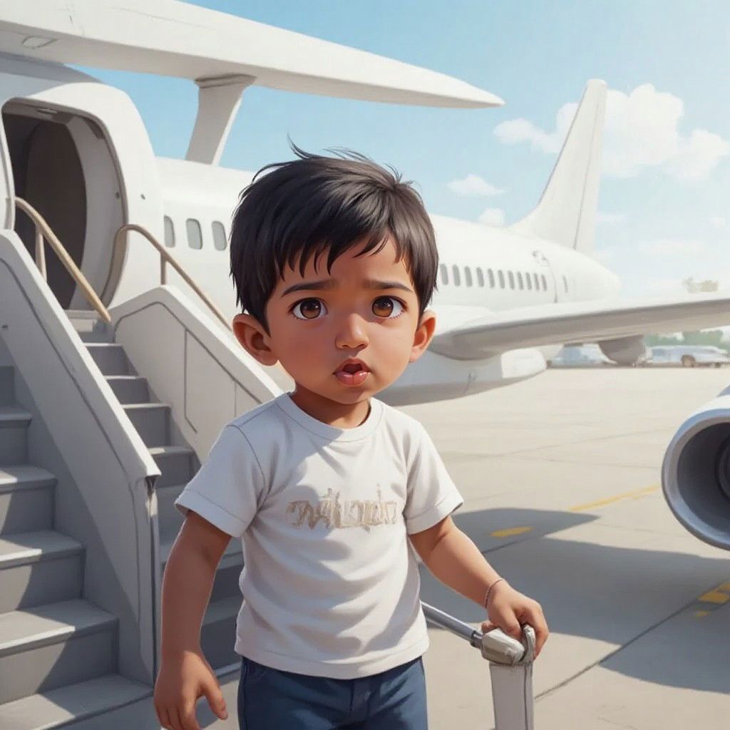 Arjun looking amazed as he boards a big white airplane at the airport