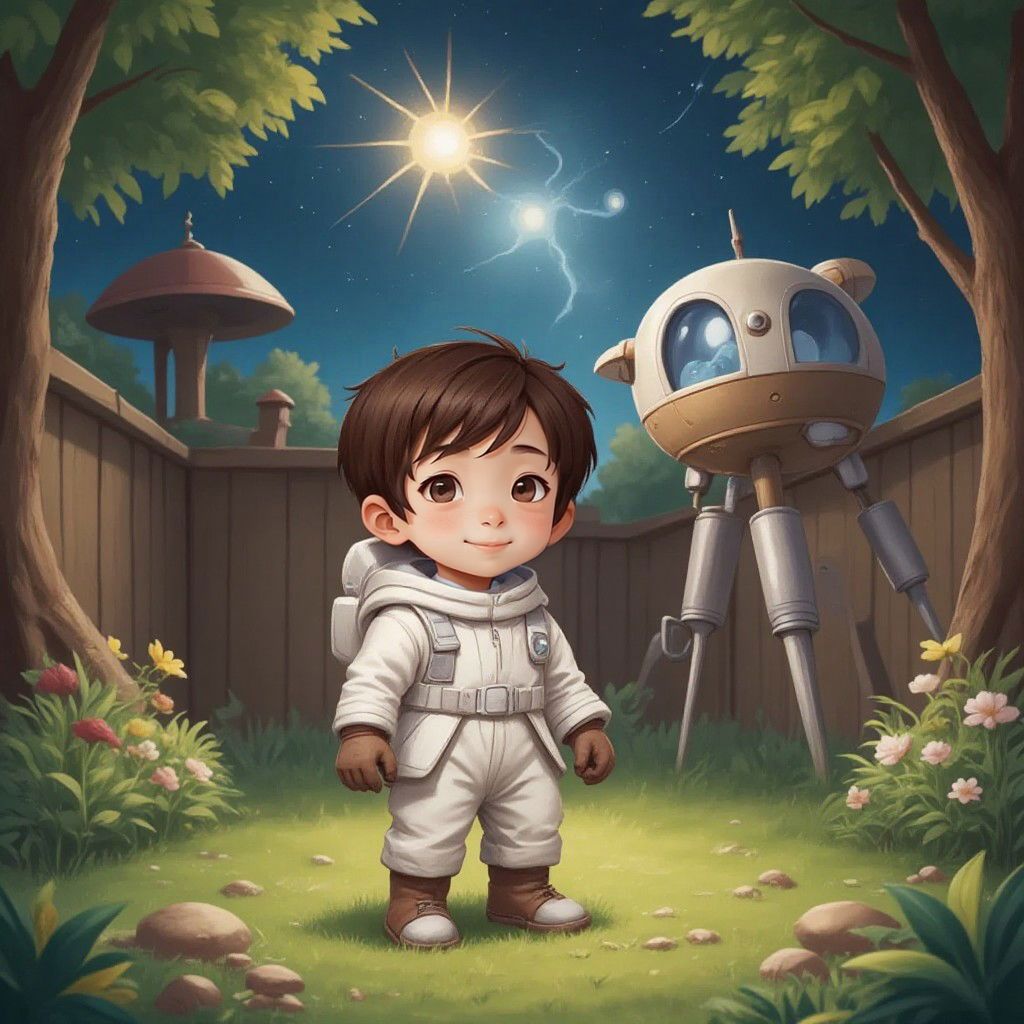 Adi standing in his backyard looking at a magical spaceship with excitement