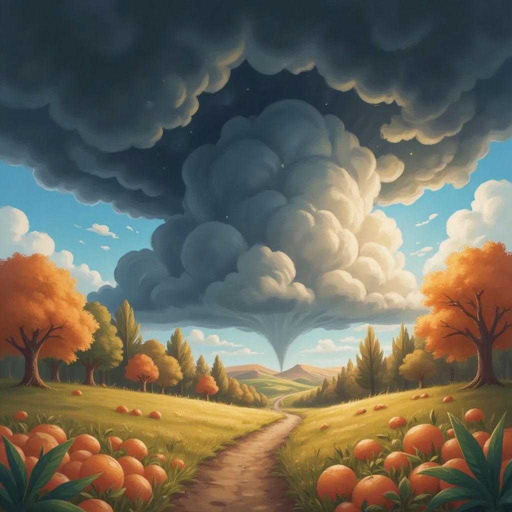 A cartoon illustration for a children’s book of A dark cloud looming in the sky over the orange kingdom