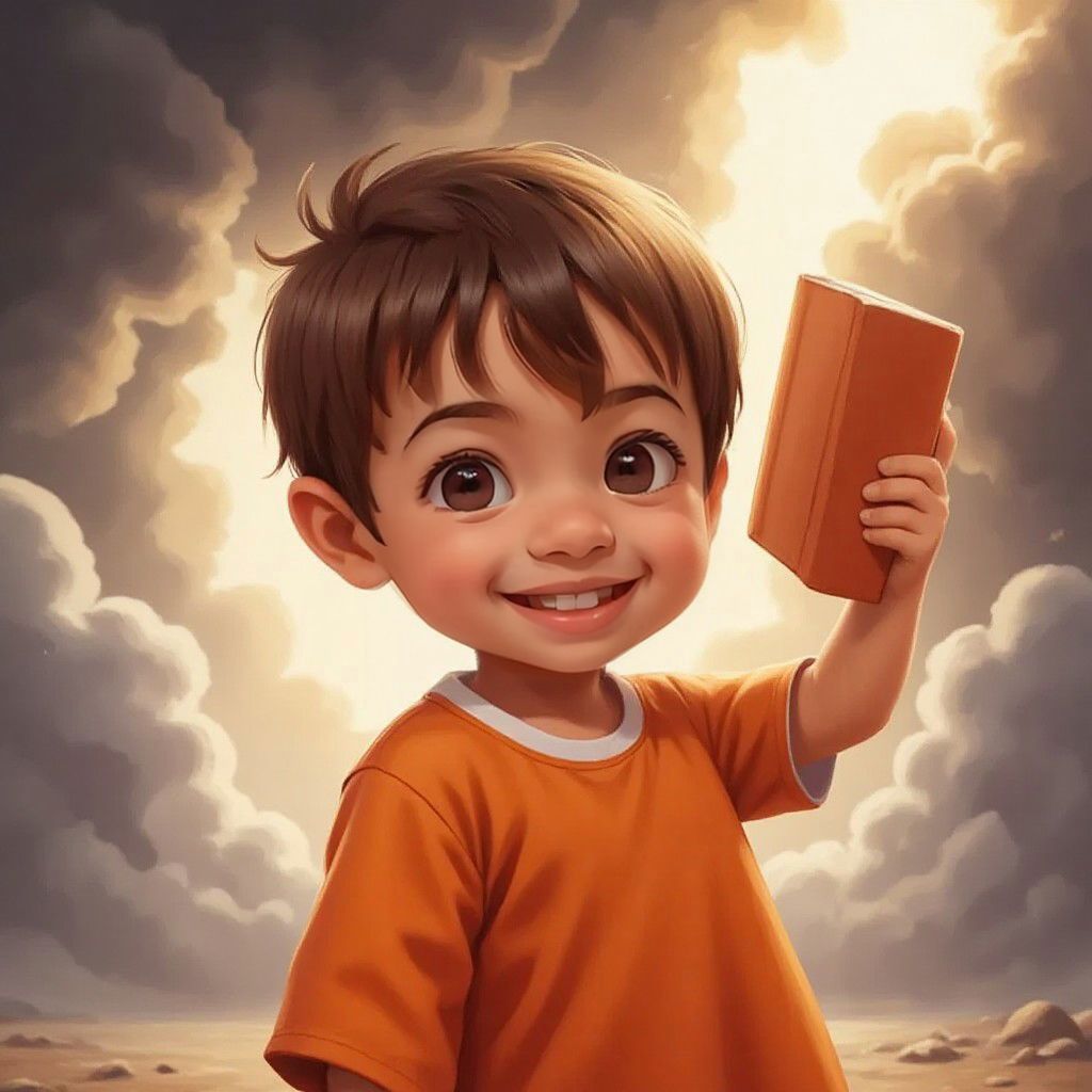 Ando holding the orange book high, with a bright light dispelling the dark cloud.