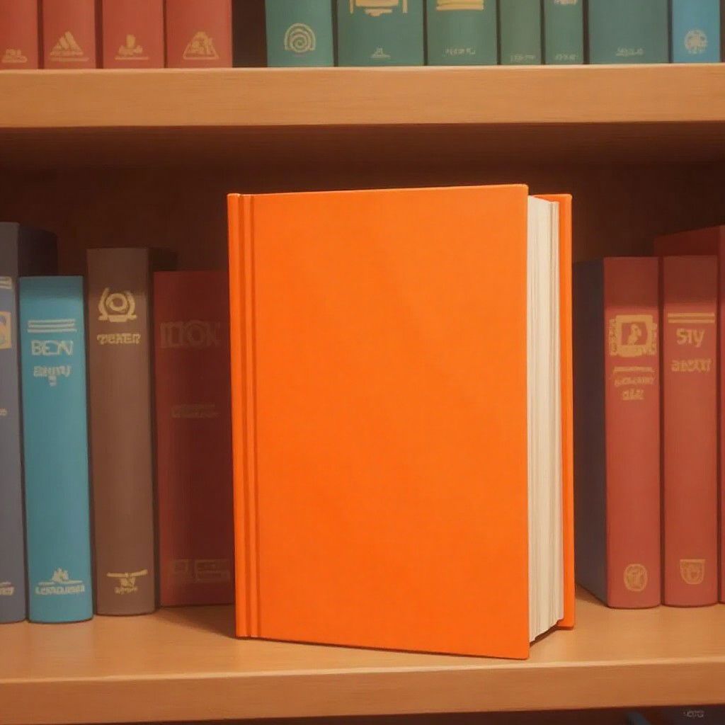A cartoon illustration for a children’s book of a plain orange book sitting on a library shelf