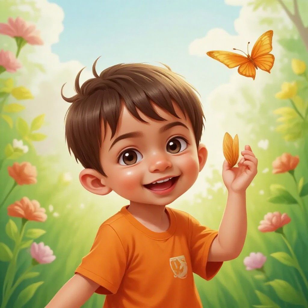Ando smiling as he spots an orange butterfly in a colorful world.