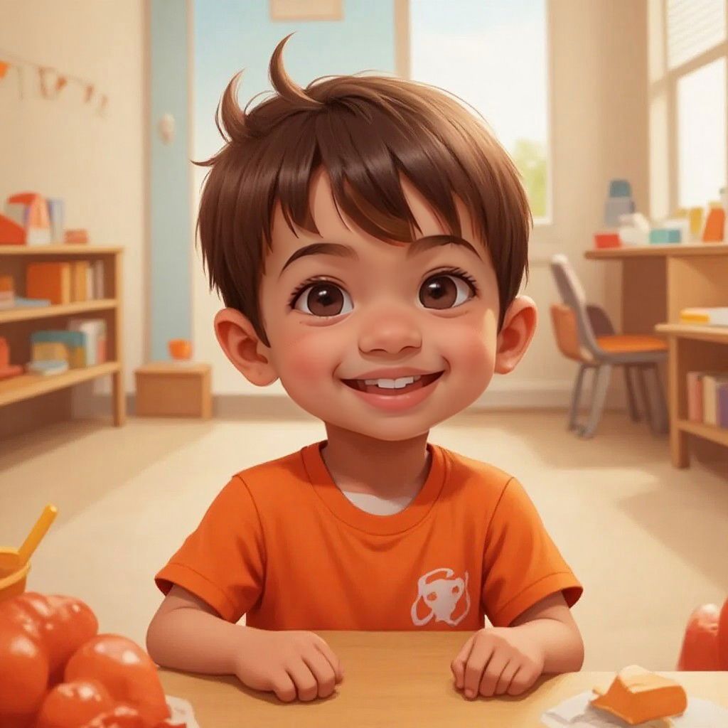 Ando sitting in a classroom surrounded by orange items, smiling happily.