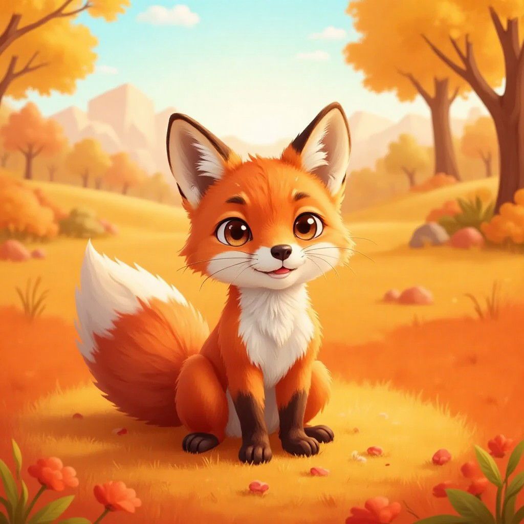 An orange fox in a vibrant orange landscape looking friendly.
