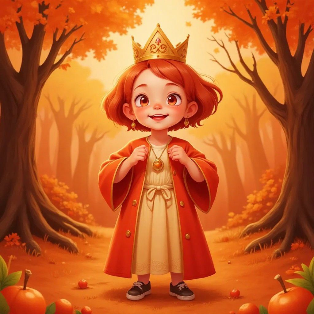The Orange Queen standing in her orange kingdom, smiling kindly.