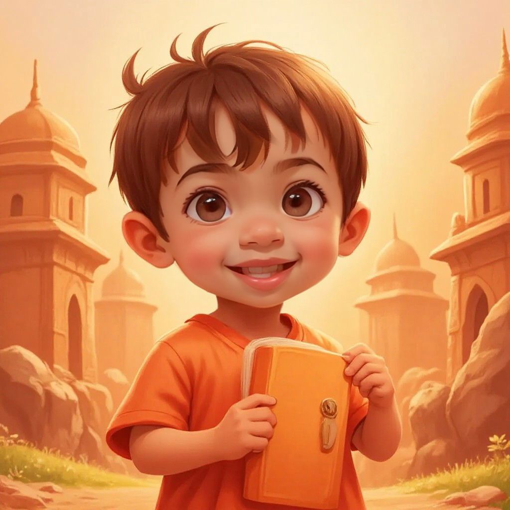 Ando standing bravely with the orange book in his hand with the orange kingdom in the background.