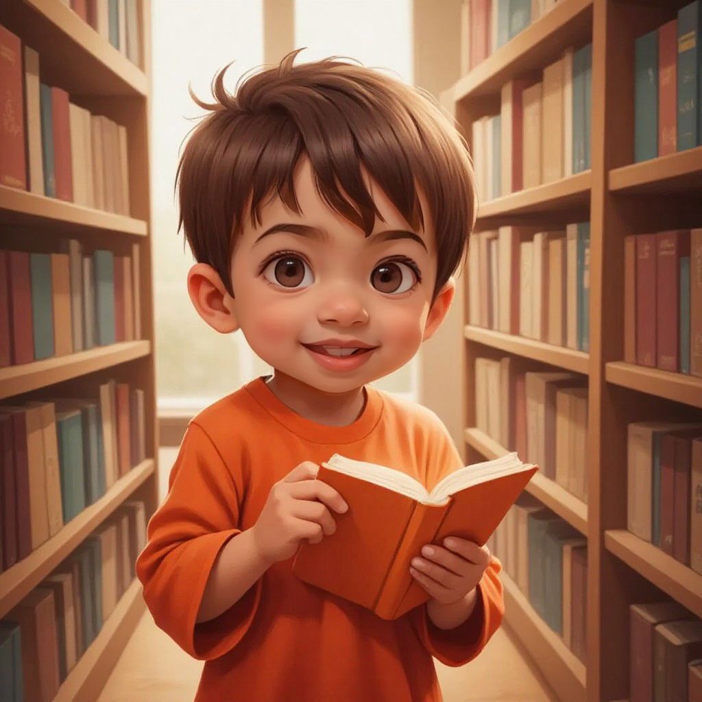Ando holding a mysterious orange book in a library, looking curious.