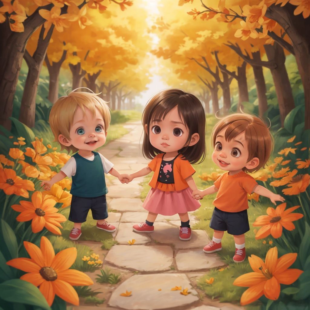 Ewan and Elowyn holding hands with Ando on a path lined with orange flowers.