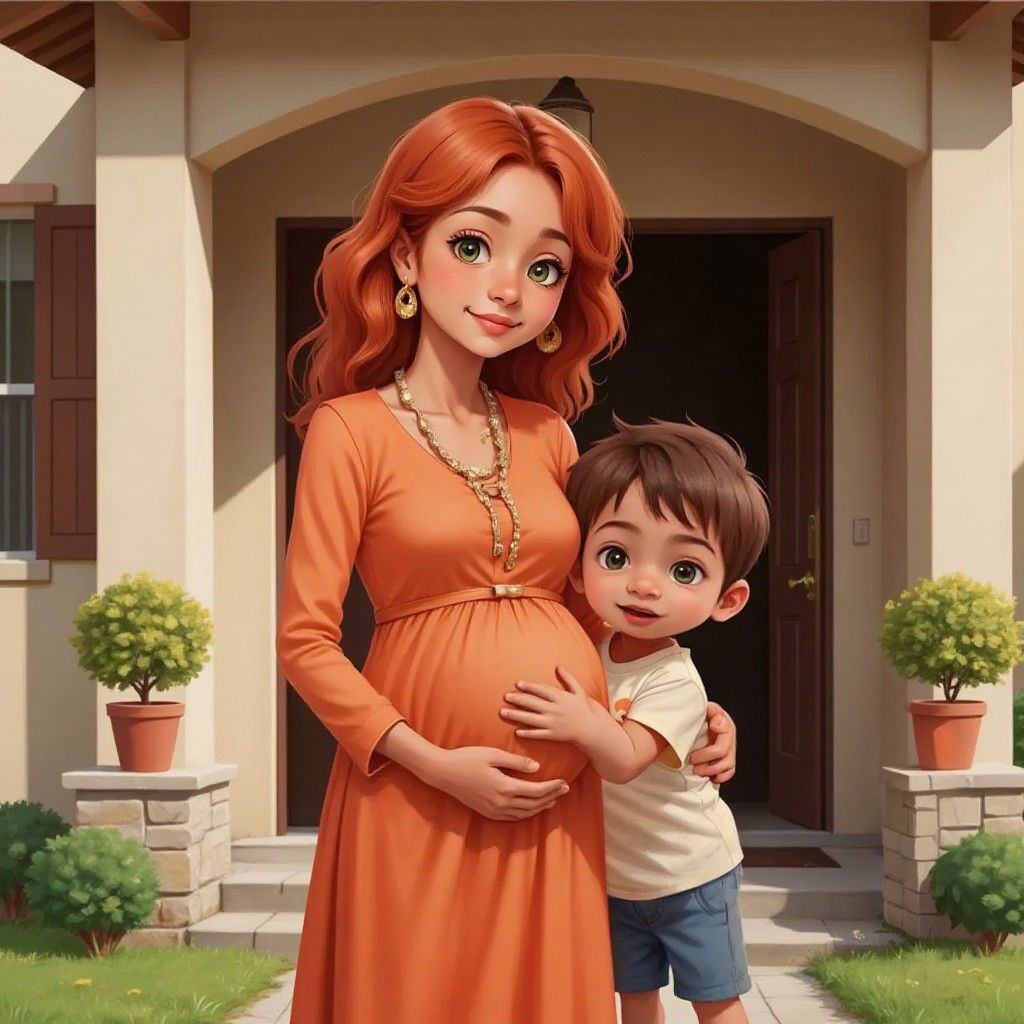 Ando, who is short, hugging his mom, who has light skin, orange hair, green eyes, is wearing a dress and is pregnant, in front of their house.