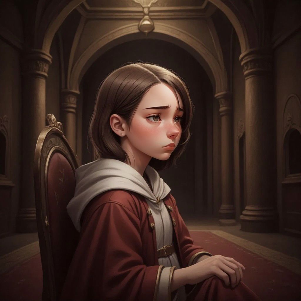 A Queen's Silent Cry sitting alone on a throne in a grand, yet empty, castle hall