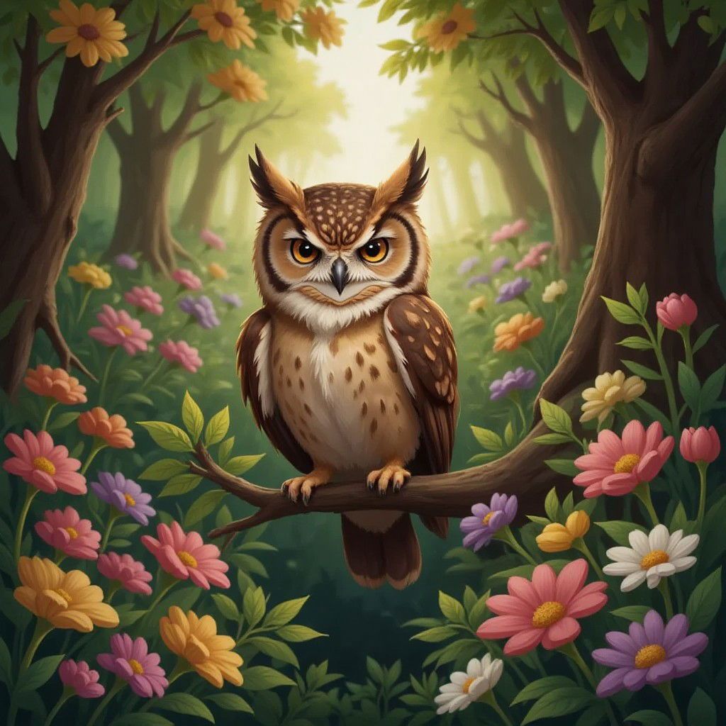 A wise old owl perched on a branch in a secret garden filled with colorful flowers
