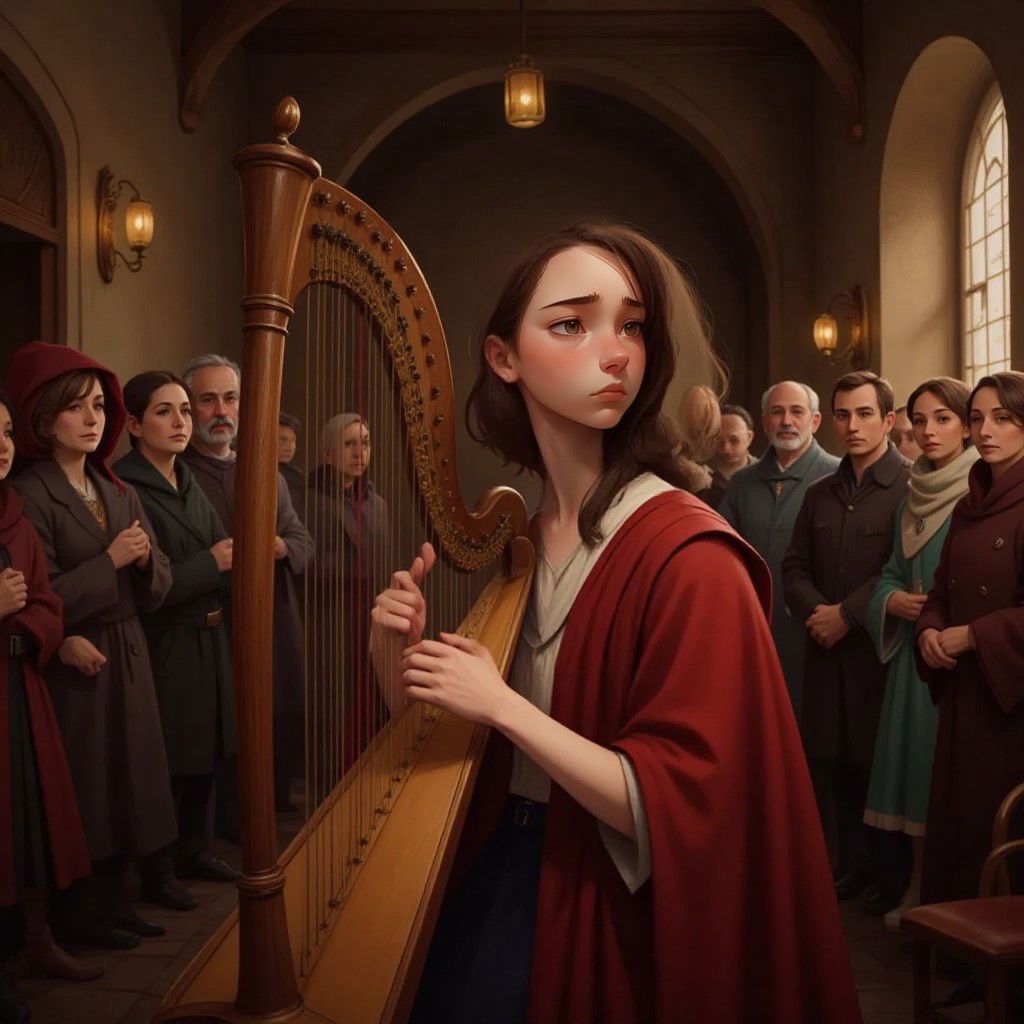 A Queen's Silent Cry playing a harp, with visitors gathered around in a castle room