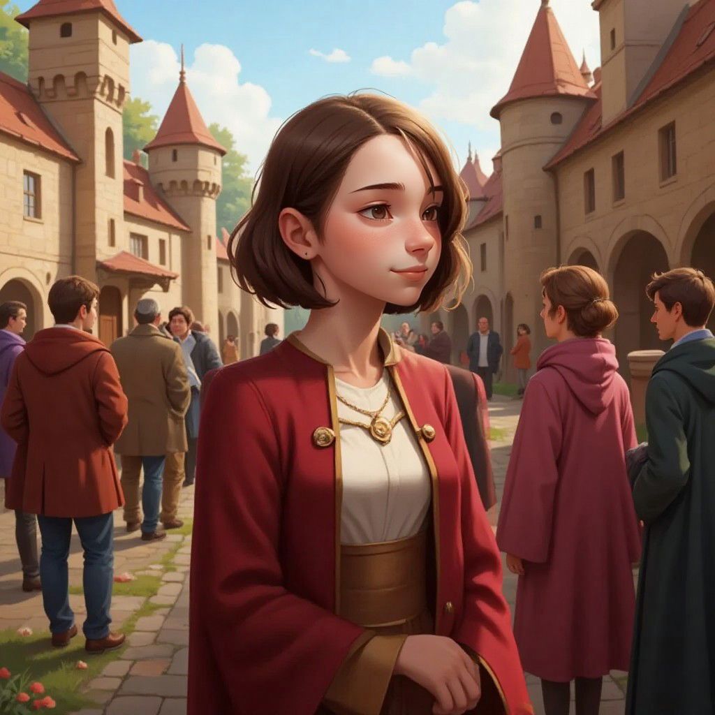 A Queen's Silent Cry surrounded by friends, with a joyful expression, in a vibrant castle courtyard