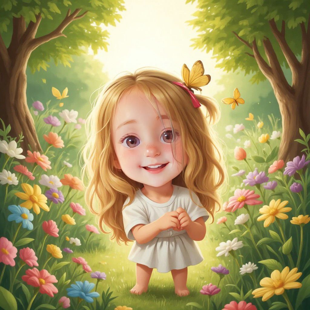 Amelia with an excited expression on her face, standing in a garden with flowers and trees in the background