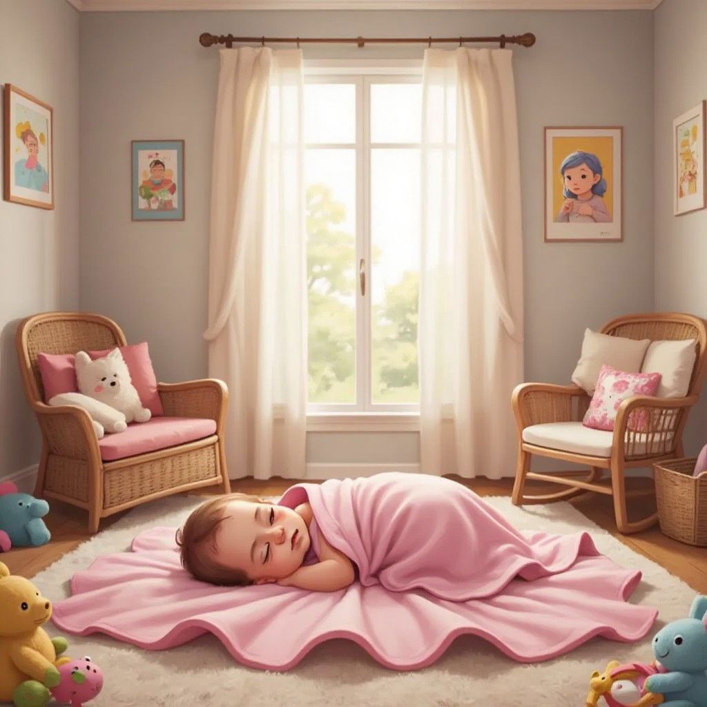 A tiny baby wrapped in a soft pink blanket, lying in a decorated nursery with soft lighting
