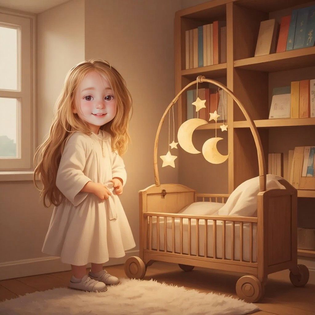 Amelia singing with a gentle smile on her face, standing next to a wooden cradle with stars and moons mobile hanging above