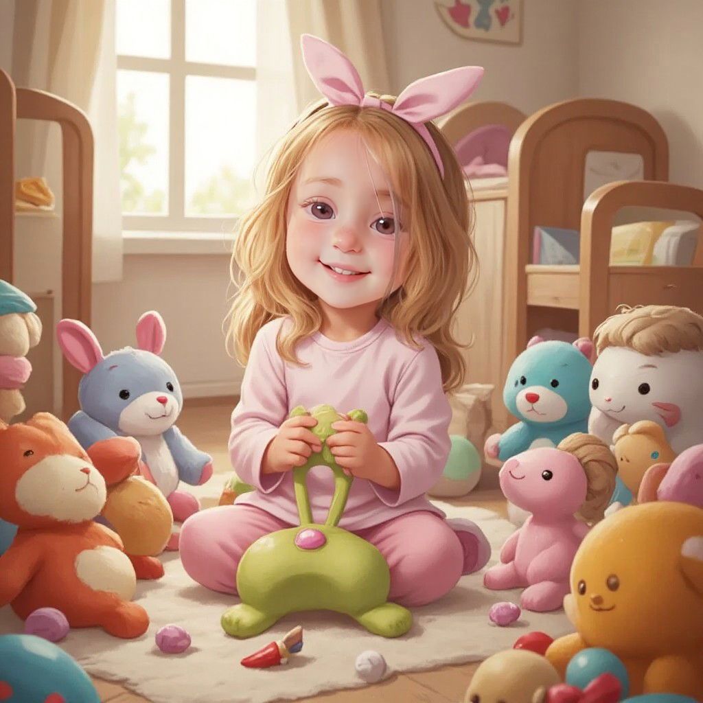 Amelia making silly faces, surrounded by stuffed animals and toys in a cozy nursery