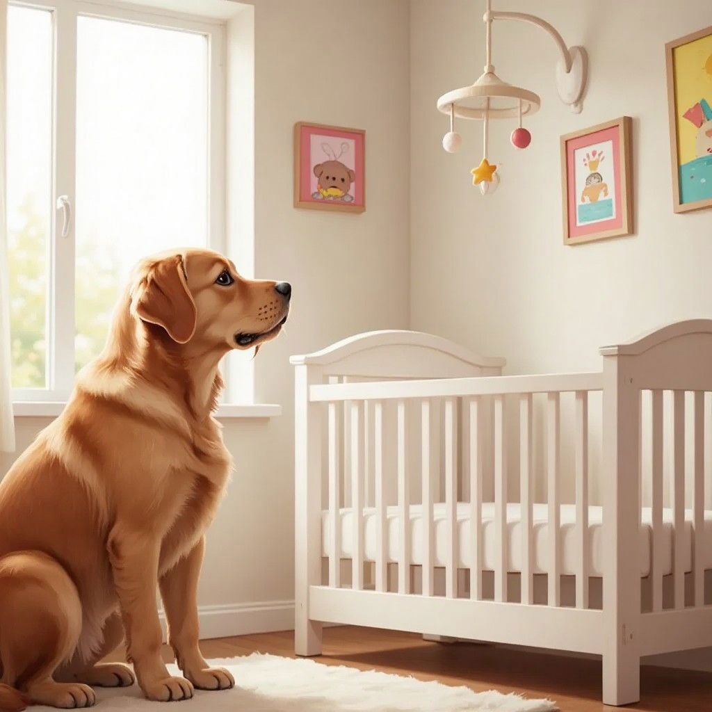 A curious black lab dog sitting next to a white wooden cradle, with soft nursery decorations in the background