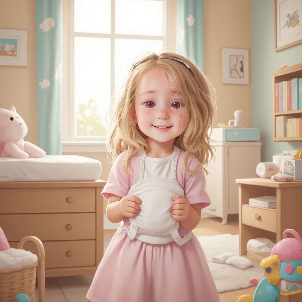 Amelia holding a diaper with a proud smile, standing in a nursery with changing table and baby supplies