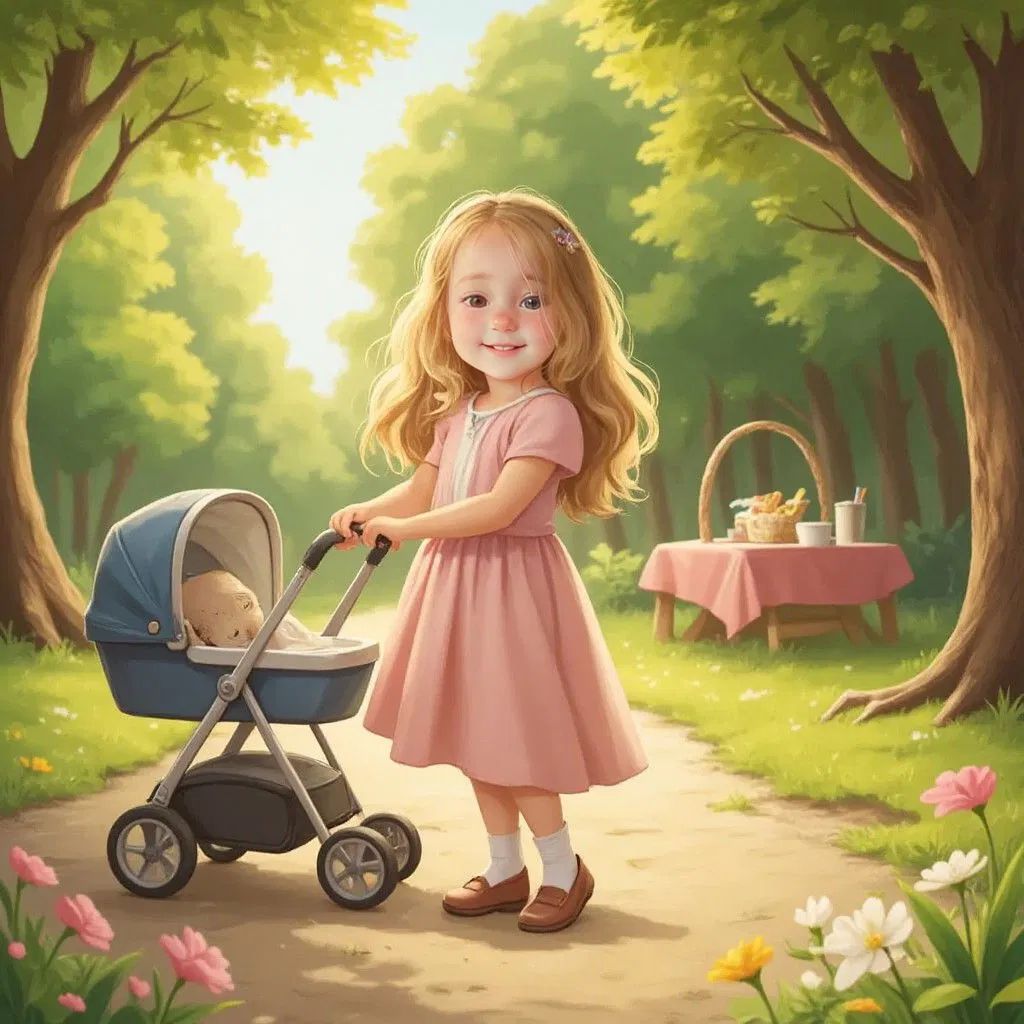 Amelia pushing a baby stroller in a sunny park with trees and a picnic blanket visible in the background