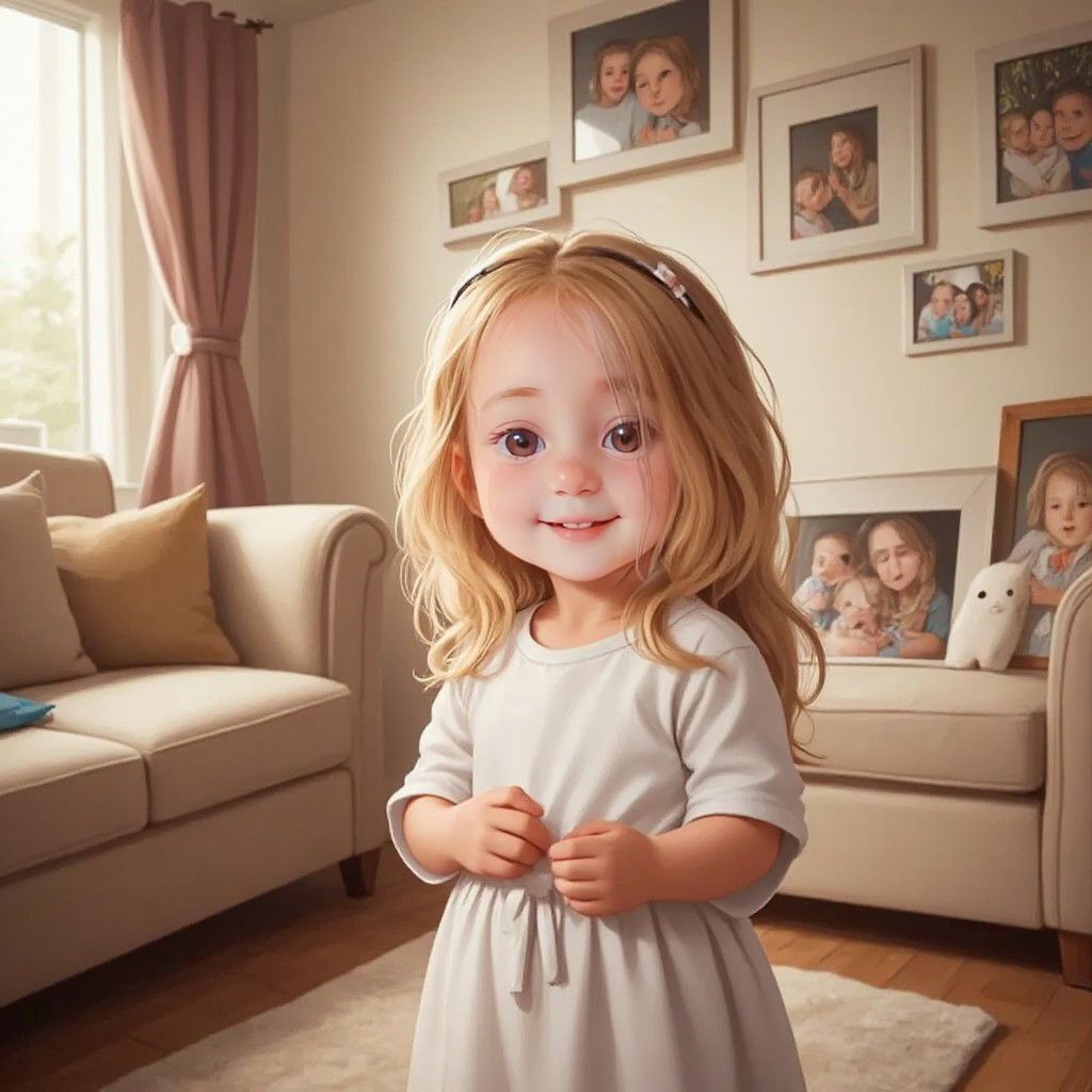 Amelia with a loving expression, standing in a cozy living room with family photos on the walls