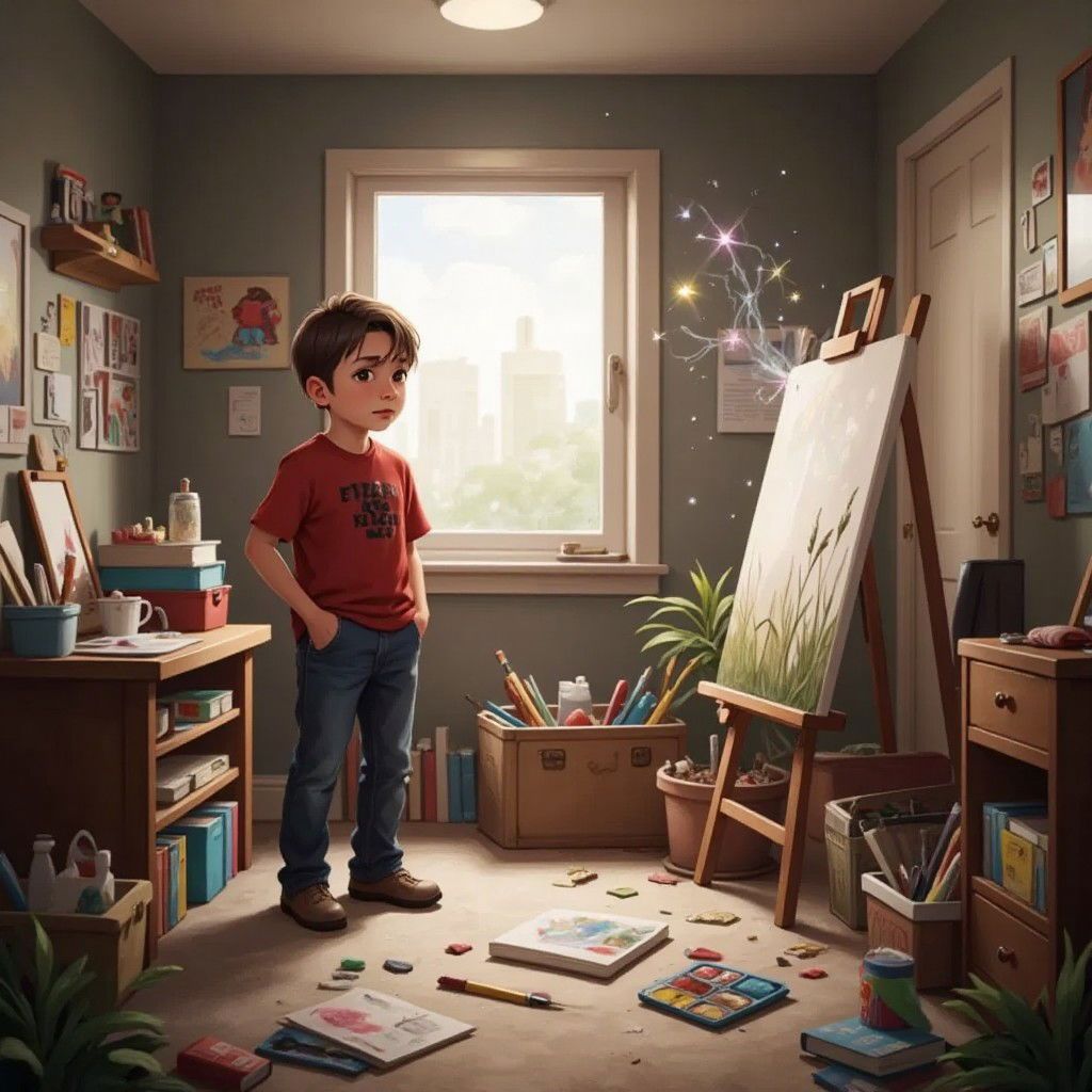 A frustrated Tommy standing in his room with scattered painting supplies, a magical wind swirling around him with sparkles. A dull painting with gray grass visible on an easel.