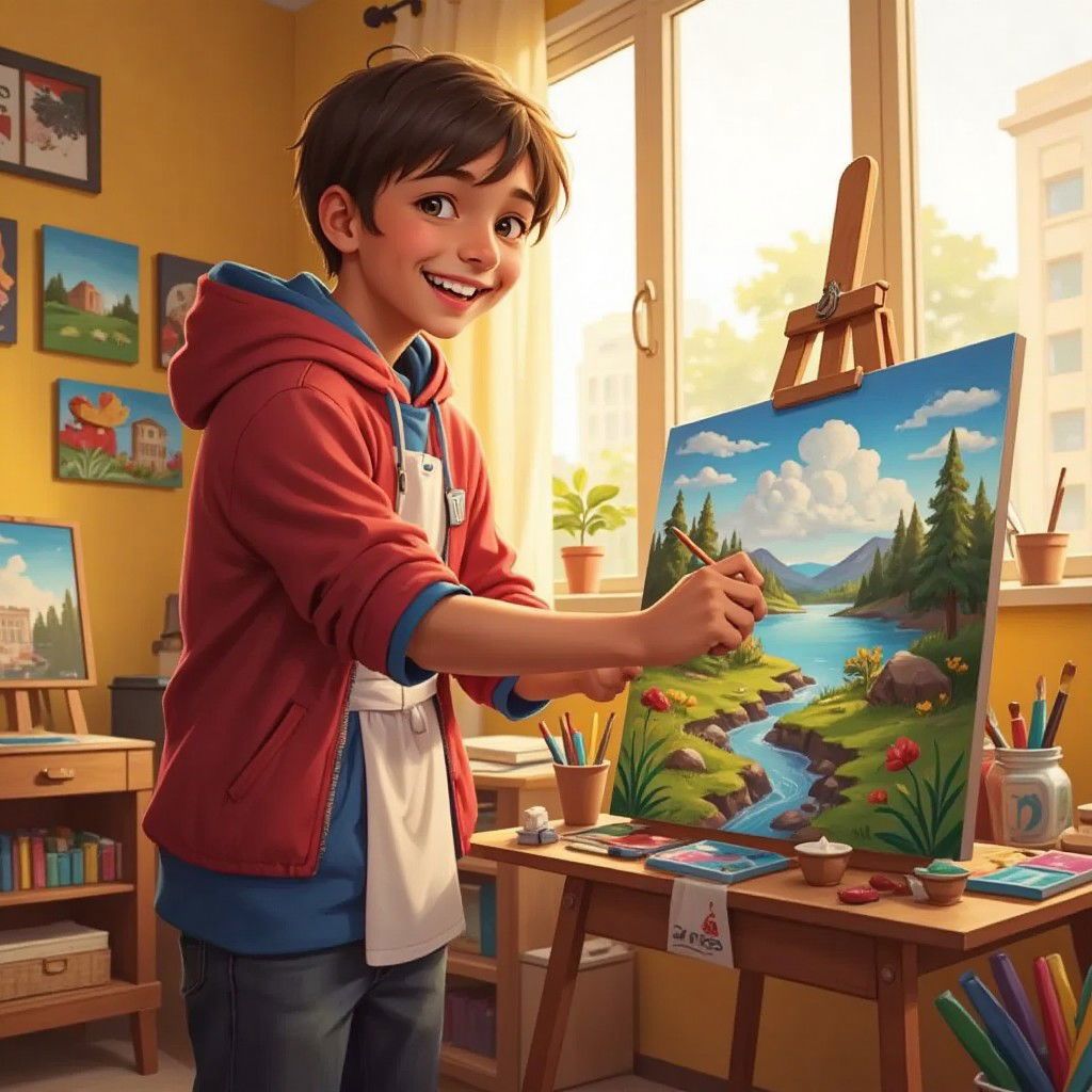 A happy Tommy in his room, painting at an easel with vibrant colors. His canvas shows a beautiful, colorful landscape with warm, glowing colors.