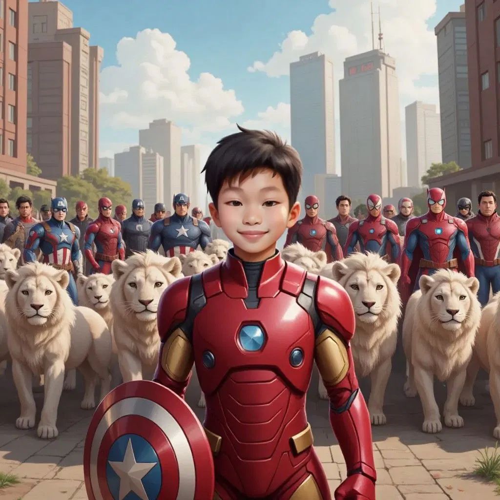 Seth wearing a combination of superhero elements - red Iron Man armor, Captain America's shield, and Spider-Man's web patterns. A pack of 20 majestic white lions behind him accompanied by all the superheros T