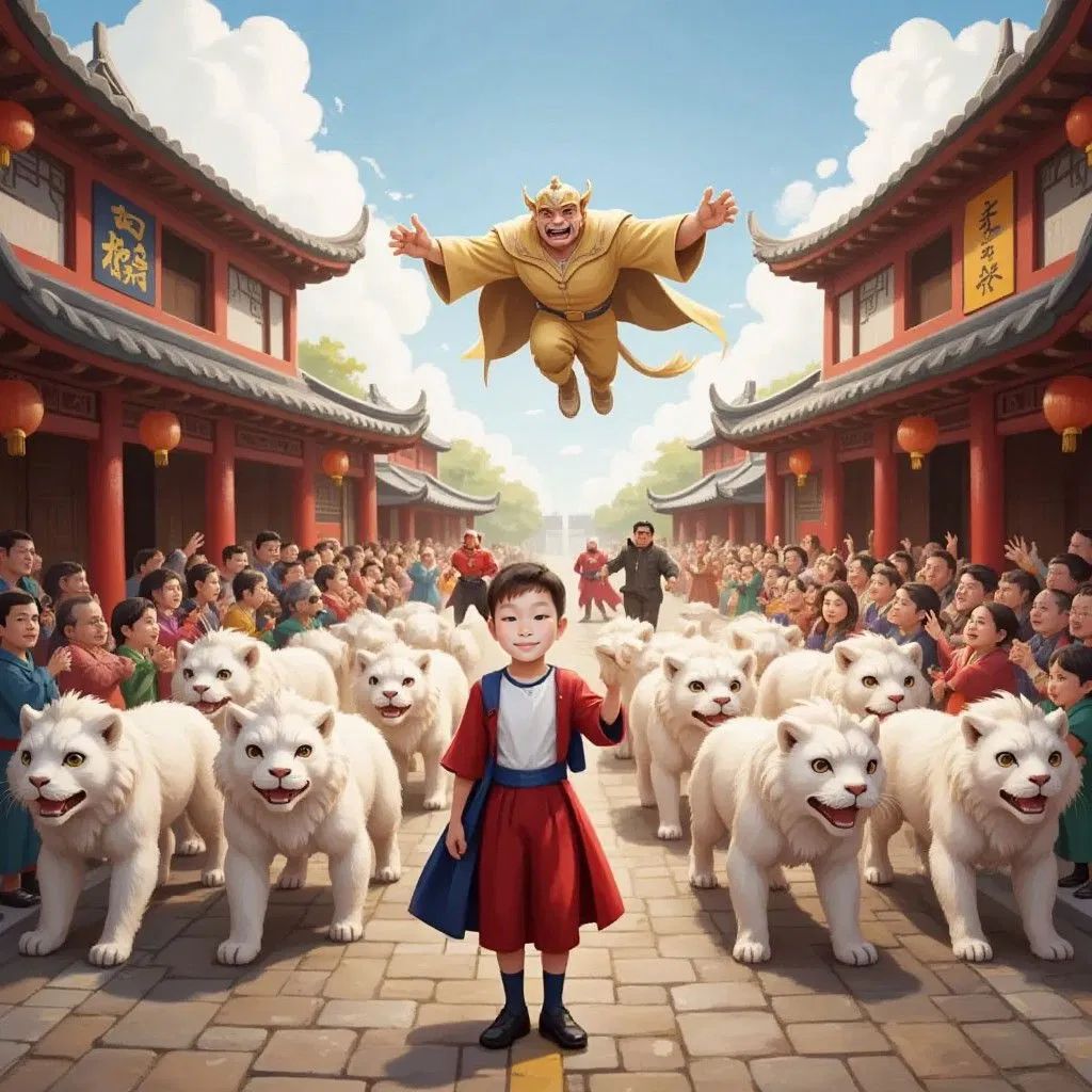 Seth, 20 white lions and all the superheros walking and flying down a street in a traditional Chinese village with the crowd cheering for them.