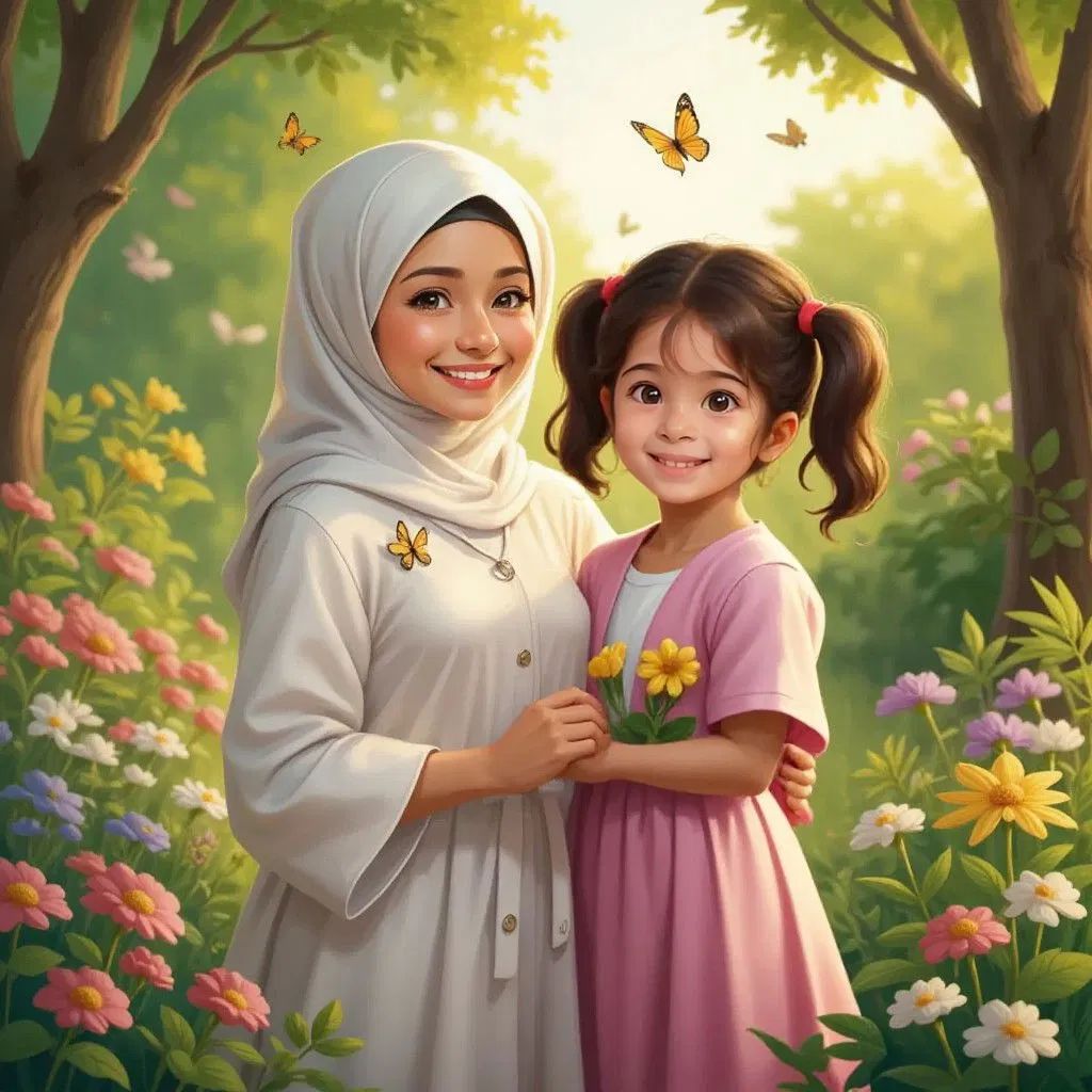 A woman in a hijab wearing white smiling proudly at Dina in the garden, Dina looking happy