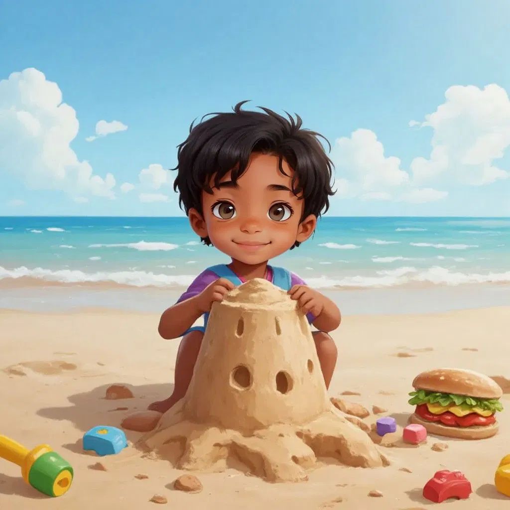Smiling Bnbnbn building a large sandcastle on a sunny beach, with waves and blue sky in the background. Beach toys and a sandwich scattered nearby.