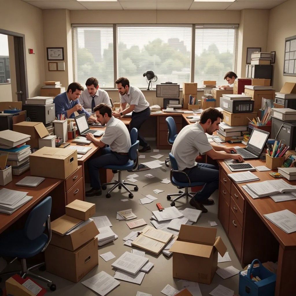 A cluttered office with messy desks, papers scattered everywhere, and frustrated workers looking for tools