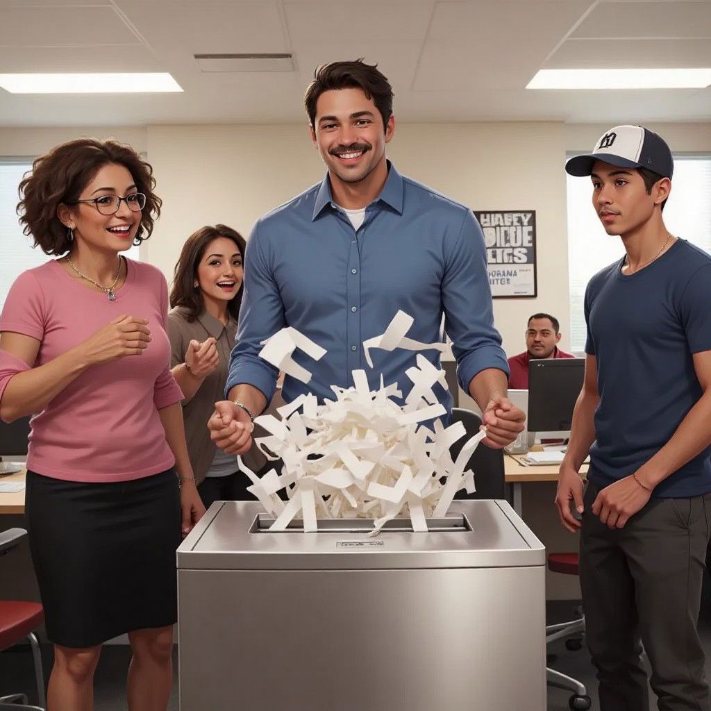 A shiny paper shredder in action, with workers laughing and watching as it shreds papers